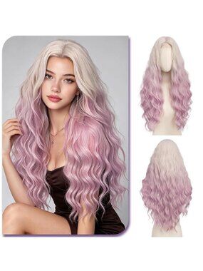 Women's Silver Blonde Long Wavy Wig 28 Inch Middle Part Heat Resistant Synthetic